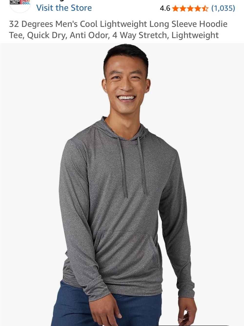 32 Degrees Men's Cool Lightweight Long Sleeve Hoodie Tee, Quick Dry, Anti Odor, - Picture 7 of 8